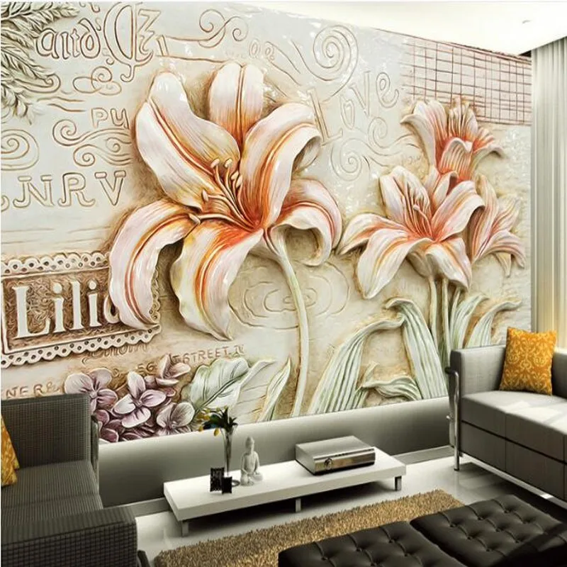 

wellyu Custom large - scale murals three - dimensional relief murals lily open TV backdrop wallpaper papel de parede