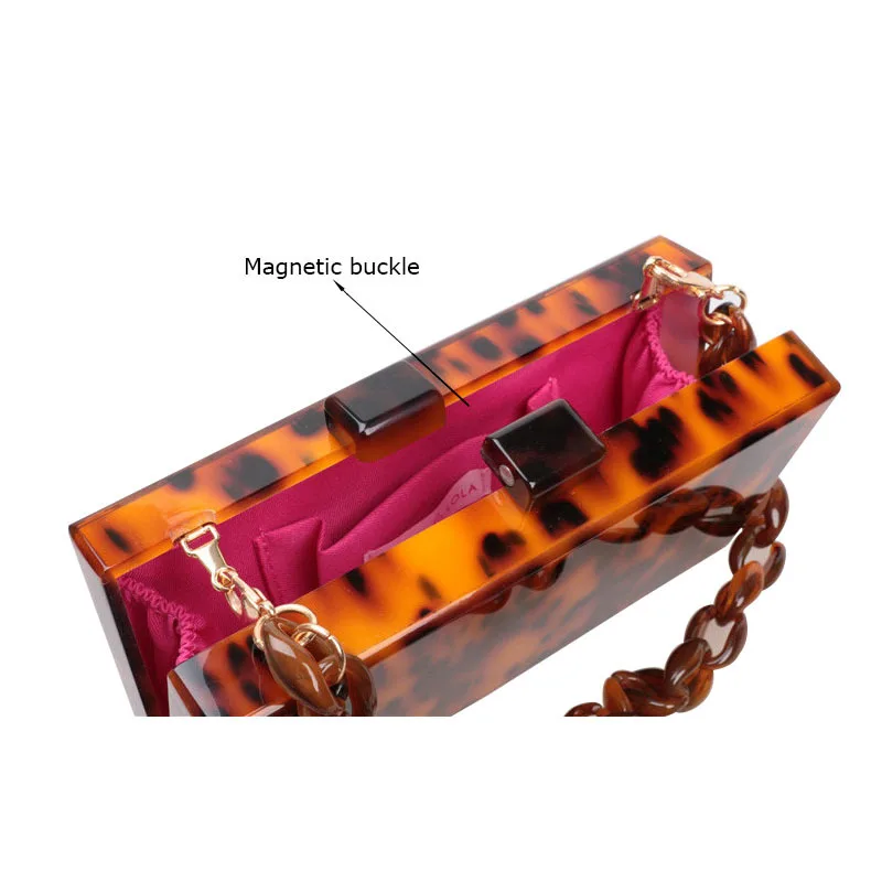 Leopard Color Acrylic Box Clutches With Resin Chain Red Fabric Acrylic Clasp Women Brand Lady Party Beach Evening Handbags Bags