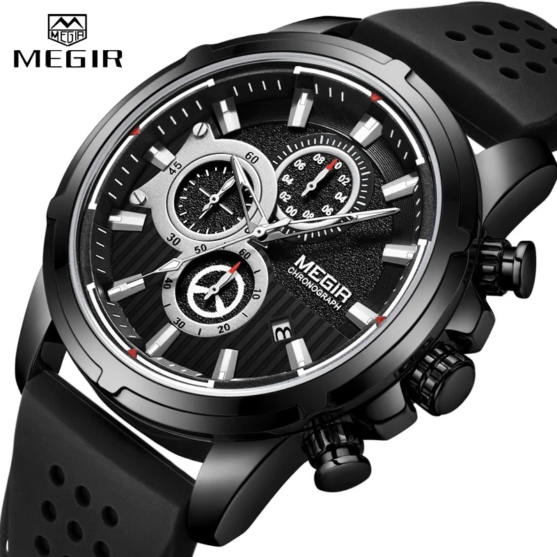 MEGIR Fashion Sport Men Watch Luxury Brand Waterproof Quartz Silicone Chronograph Mens Watches Military Clock Relogio Masculino