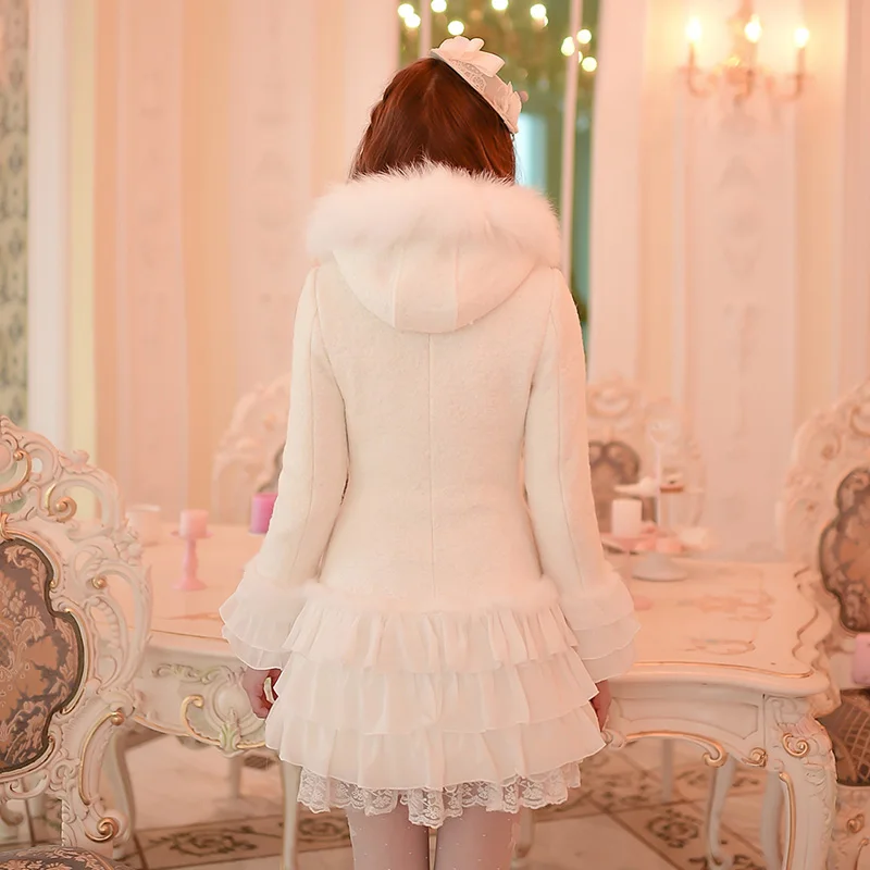 Princess sweet beige white woolen coat Candy rain Lace tiered decoration Single breasted Collar with cap winter thick C16CD5914