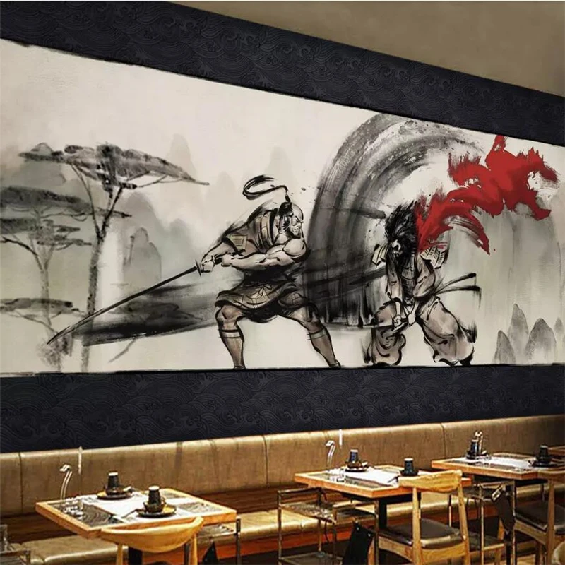 

beibehang New Chinese ukiyoe warrior duel landscape restaurant tooling wall custom large mural green wallpaper papel de parede