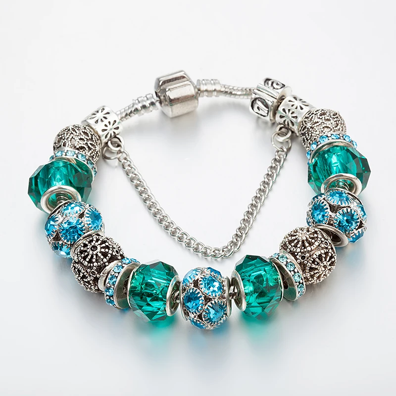 ANNAPAER High Quality Blue Crystal Bracelet with Green Murano Beads Charm Fit Pan Original Bangles for Women DIY Jewelry B16088