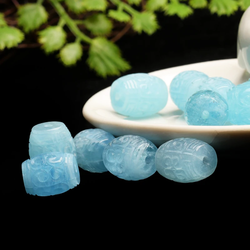 one piece aquamarine  pillar shape 10*14mmcarved flower loose beads nature  FPPJ wholesale gemstone