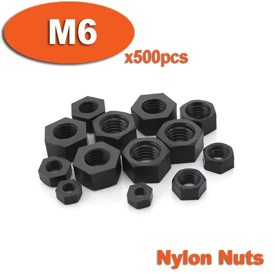 500pcs DIN934 M6 Black Plastic Nylon Nuts Hexagon Hex Head Nut