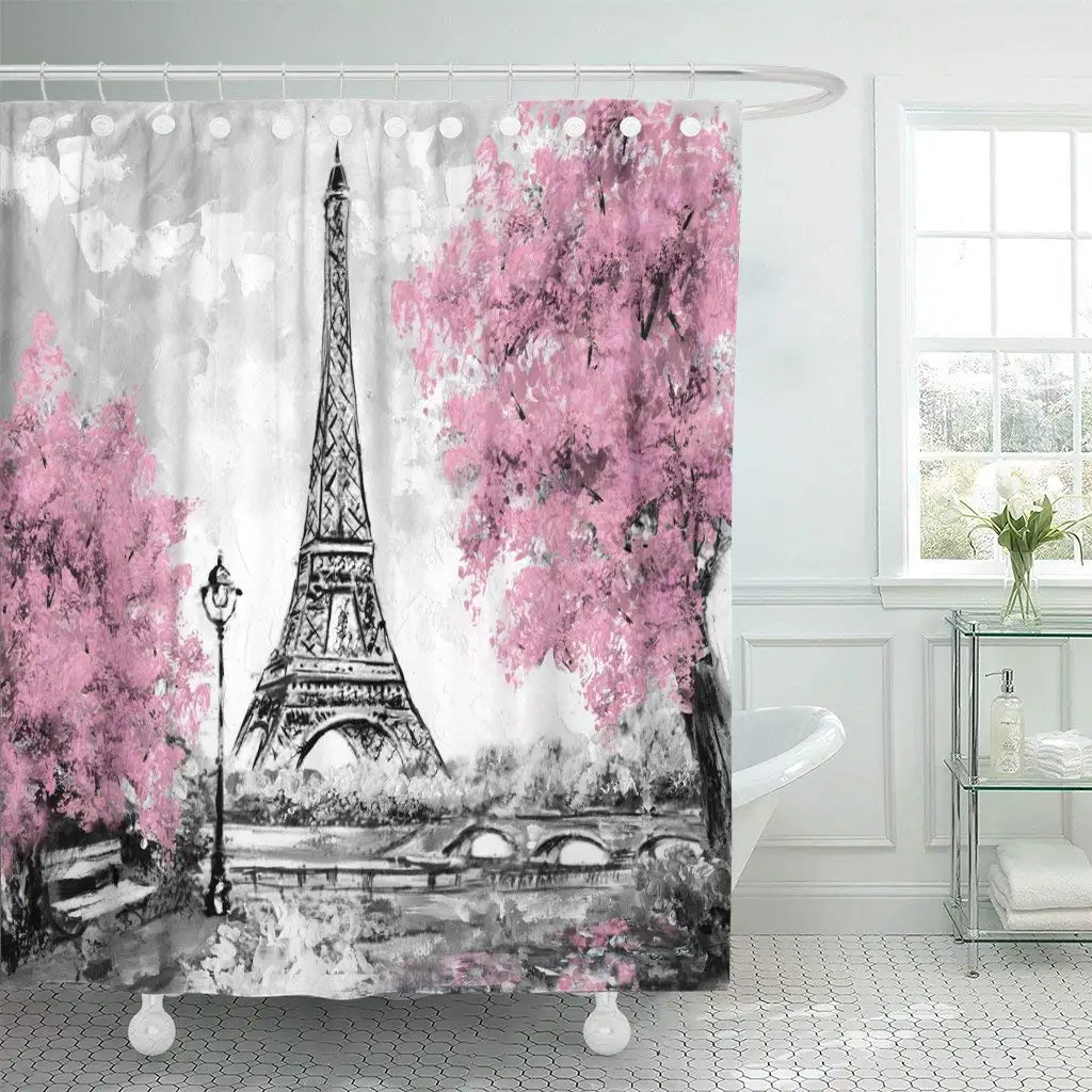 Waterproof Shower Curtain Curtains Oil Painting Paris European City Landscape France Tower Black White and Pink Extra Long