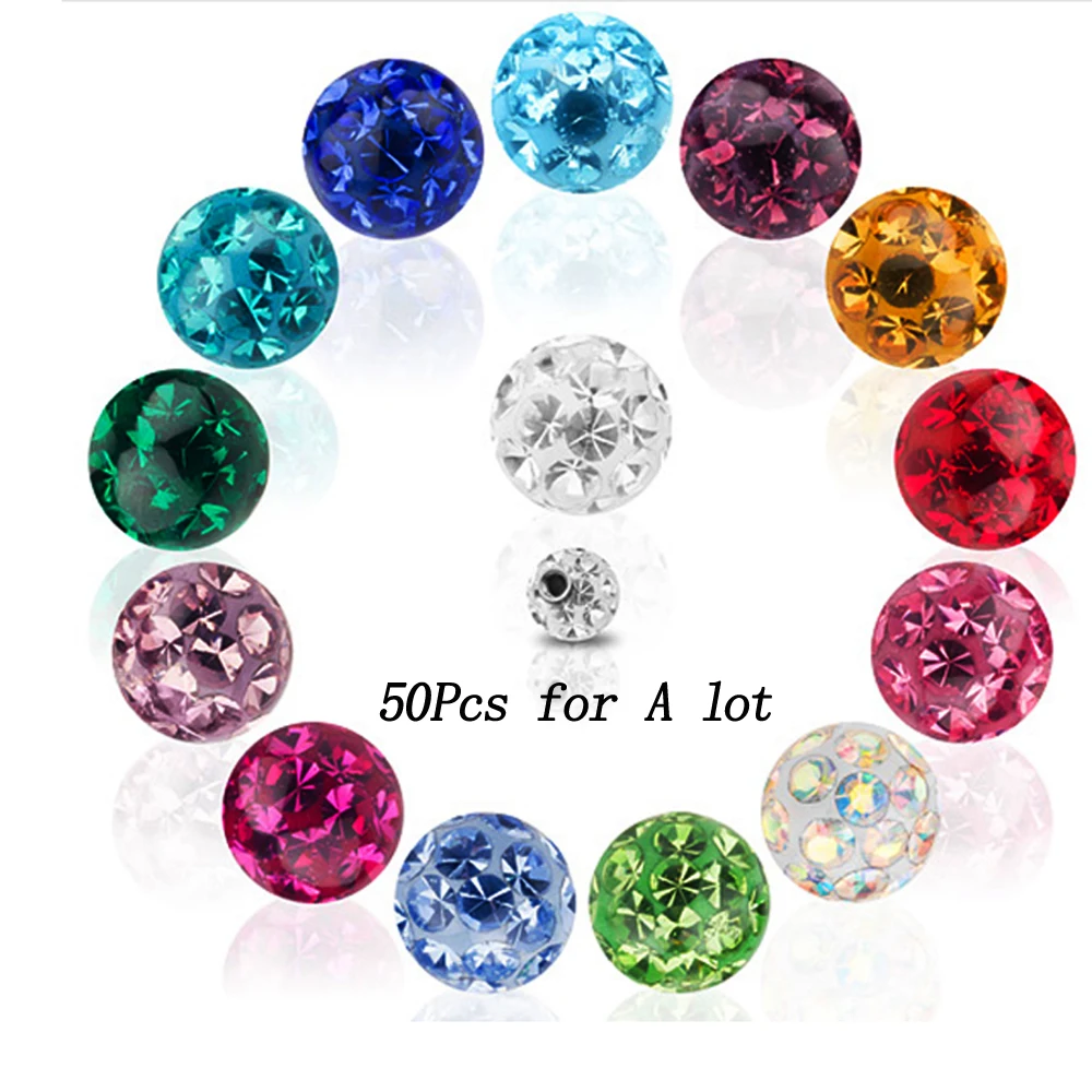 

Showlove 50Pcs 16g or 14g Crystal Ferido Epoxy CZ Stone Ball Piercing Accessories for Labret Nose Tragus Cartalige Lip Ring