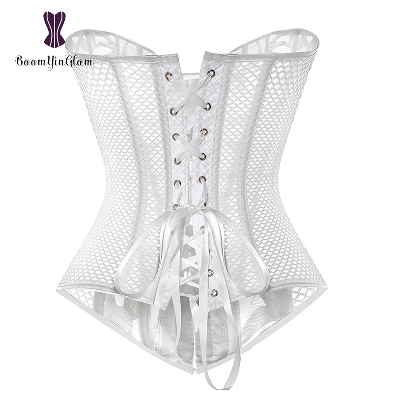 Wholesale White Hollow Out Sexy Corset Transparent Corselet Mesh Net Korsett With G String Plus Size S-XXXL 930#