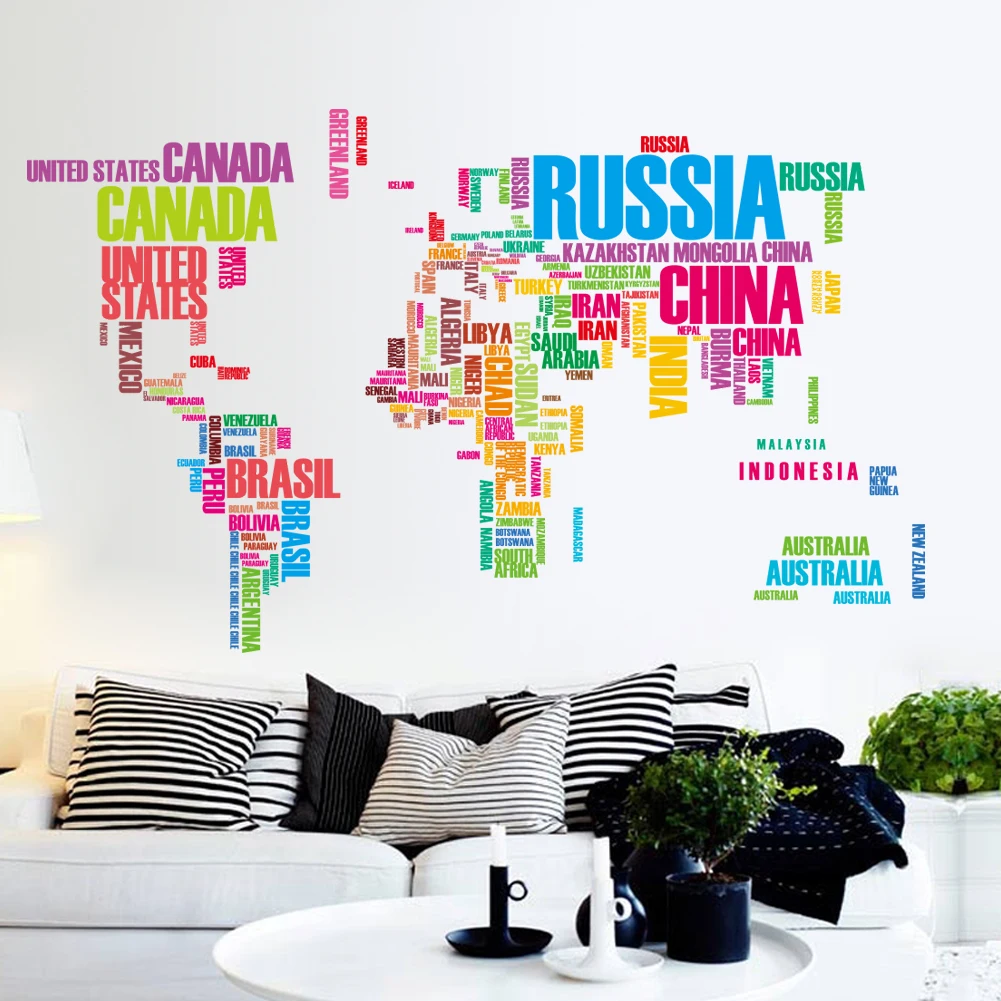 large letters world map wall stickers  original creative  map wall art bedroom home office decorations wall decals poster