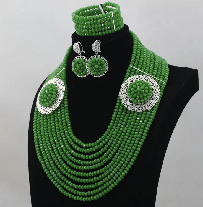 Wonderful African Necklace Sets Green Latest Teal Light Green Beaded Nigerian Wedding Beads African Beads Jewelry Set  ABL400