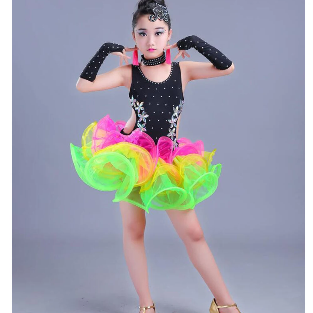 Children Jazz Latin Dance wear Costumes Girls Sequined Ballroom Dancing dress Kids Performance salsa Latin dance Outfits