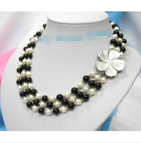 FREE SHIPPING 3row white cultured pearls black necklace shell c ^^^@^Noble style Natural Fine jewe fast SHIPPING