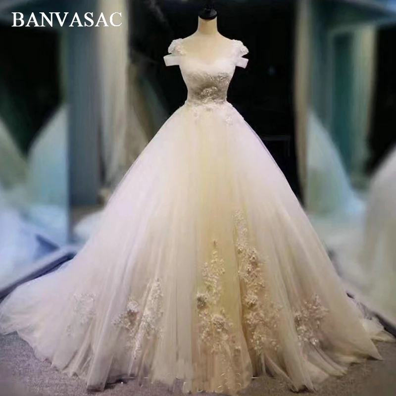 BANVASAC Lace Appliques Flowers Bridal Gowns Real Photos Pleat Beadings Ball Gown Plus Size Sweep Train Wedding Dresses