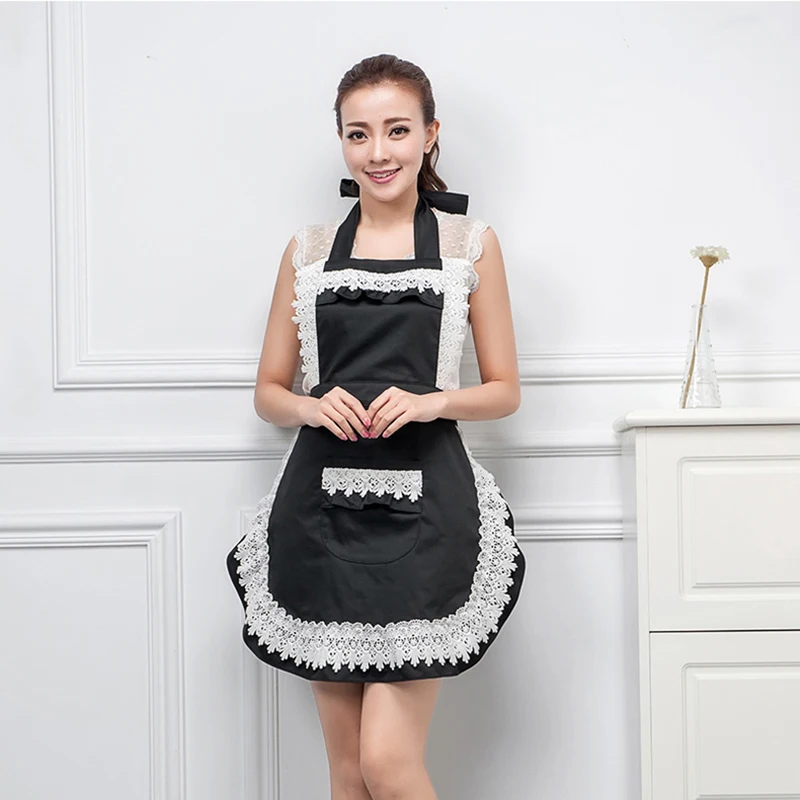 Woman Ladies Adult Retro Lace Maid Sexy Apron Dress Kitchen Household Waist Bib Cleaning BBQ Work Aprons Pink Black Red