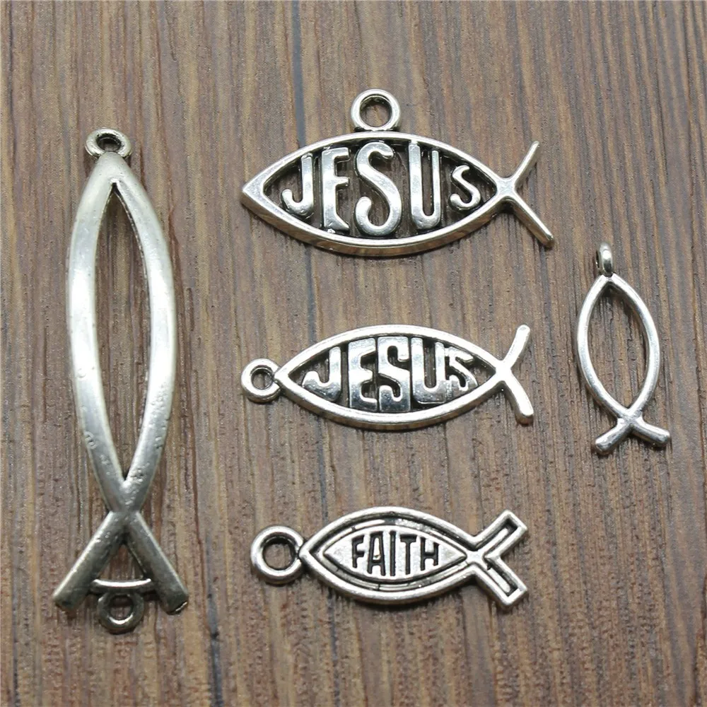 20pcs Jesus Fish Charms Antique Silver Color Jesus Fish Charms Pendants For Bracelets Christian Fish Charms Making Jewelry