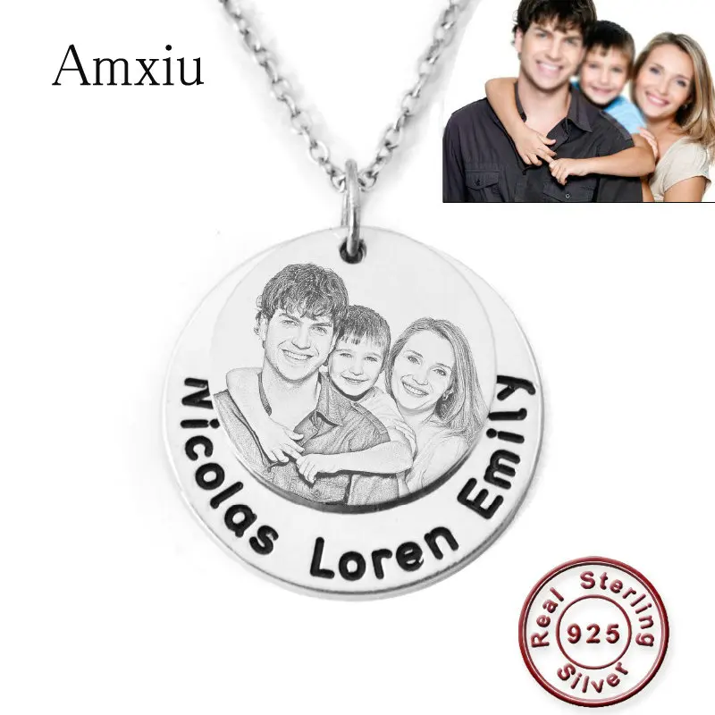 Amxiu Personalized Photo Necklace Engrave Family Photo Names Necklace Women Round Pendant Necklace 925 Sterling Silver Jewelry