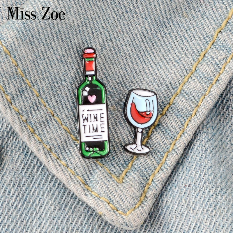 2pcs/set WINE TIME Wine and Glass Enamel pin brooches Bag Clothes Lapel Pin Button Badge Cartoon Jewelry Gift for Lovers friends