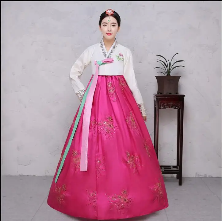 Sequins Korean Traditional Costume Women Elegant Hanbok Spring Stage Dance Classical Dress