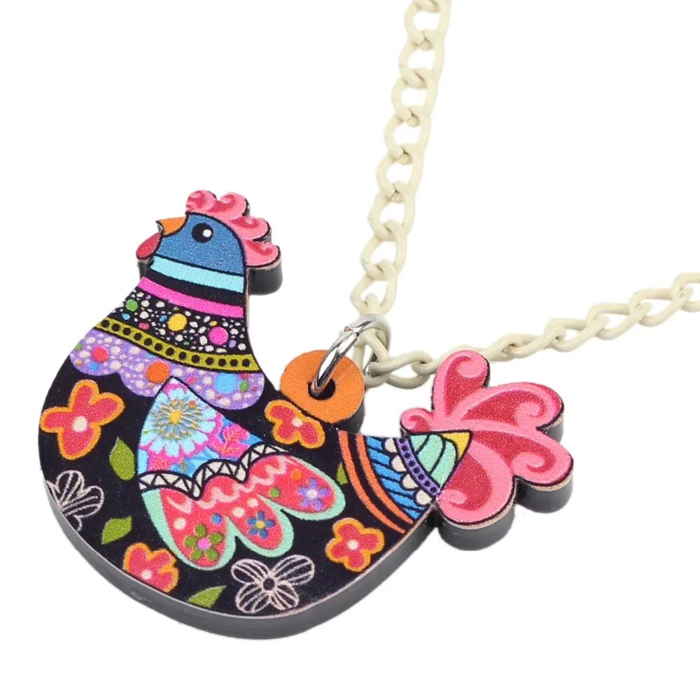 Bonsny Acrylic Chicken Hen Necklace Pendant Chain Collar Fashion Farm Animal Jewelry Charms For Women Girls Teens Accessories