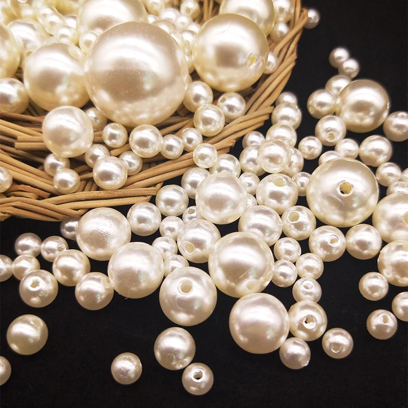 White / Beige Straight Hole Imitation Pearl Beads Shiny Smooth DIY Bracelet Necklace Crafts Jewelry Accessories 3-25 mm