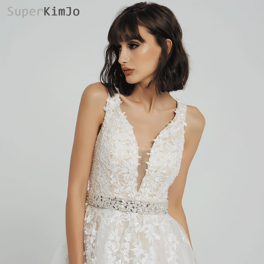 SuperKimJo 2019 Kralen Prom Jurken Vestido De Festa Lace Applique V-hals Champagne Prom Gown Vestido De Baile