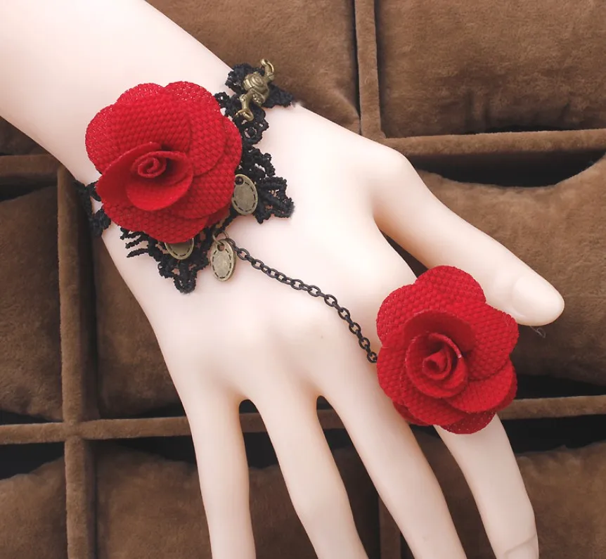 On Sale~Fashion Red Rose Decorated Bridal Gloves/One Piece Wedding Hand Ornament/Bride Bracelet 1175