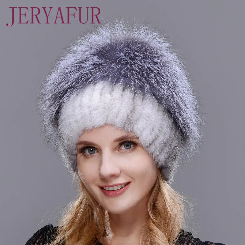 Female Mink Fur Hat Women Winter Hat Knitted Mink Fox Fur Cap Female Warm Hat Cap Silver Fox Part More