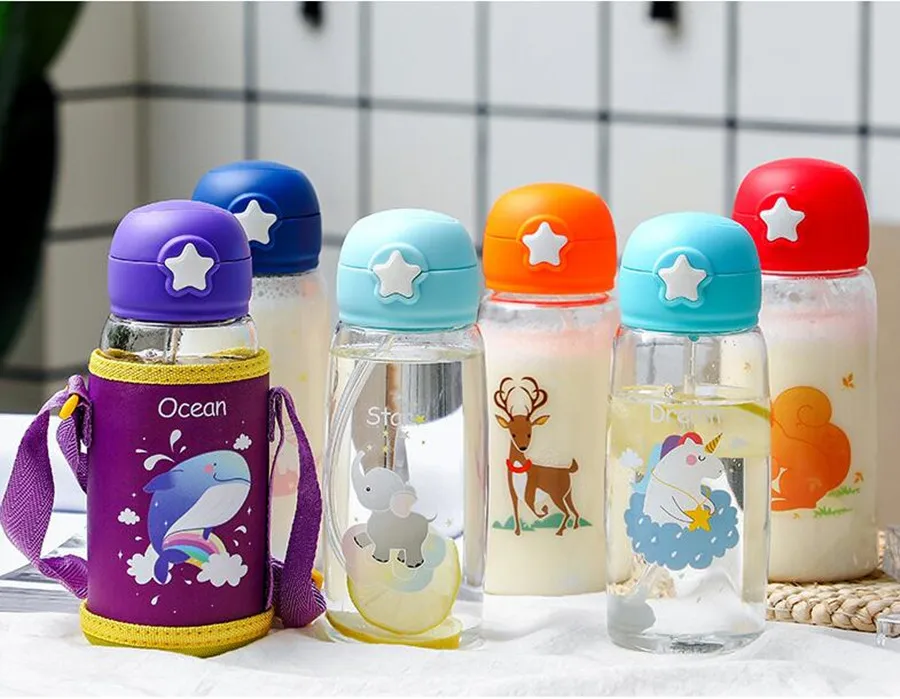 600ML Portable Sports Water Bottle with Straw Cartoon Kids Drinking Water Bottles Children Bottle Children Kettle With Bag