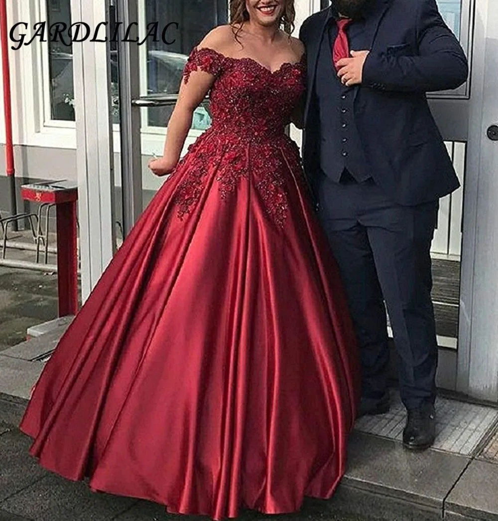 Bourgondië V-hals Lange Prom Dresses 2021 A-lijn Satin Applicaties Avondjurk Feestjurk Zoete 16 Jurken Wedding Party Jurken G063