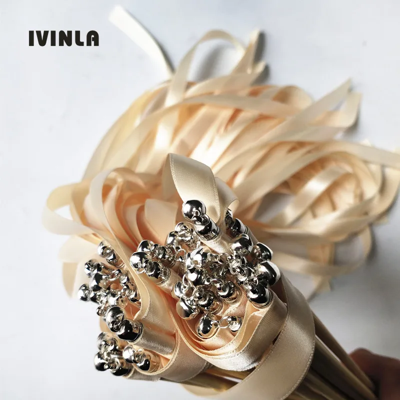 50pcs/lot Cream beige wedding ribbon  wands with gold bell for wedding decoration