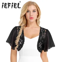 Female Womens Fashion Short Bell Sleeve Floral Lace Sheer Open Front Chiffon Shrug Cardigan Top for Wedding Dress Clothes Shrug