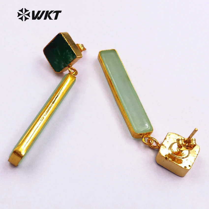 WT-E420 Simple Style Women Dangle Stone Earrings 24K Metal Plated Dark and Light Green Natural Stone Drop Earring Jewelry