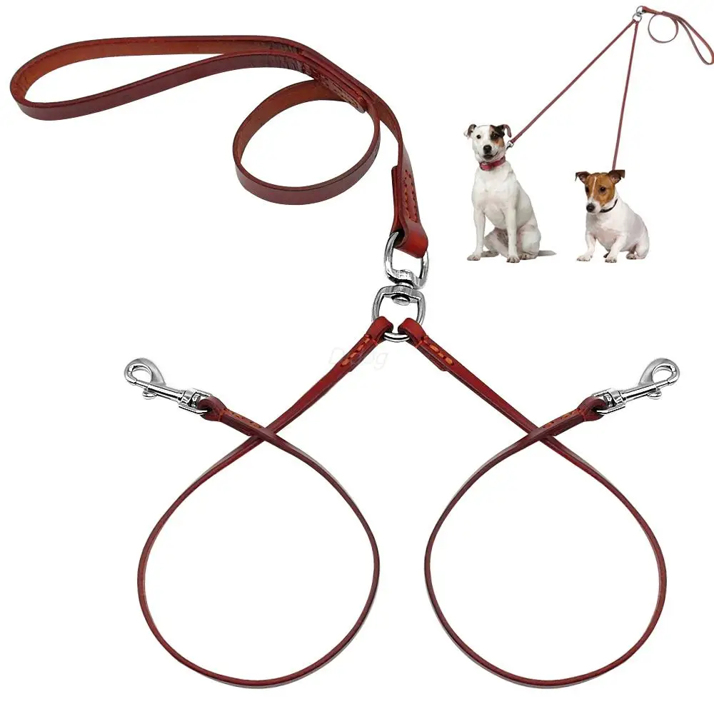 Double Dog Leash for Two Small Dogs Puppy Leather NoTangle Dual Leash Coupler Strength Tested for Walking and Training 2 Dogs