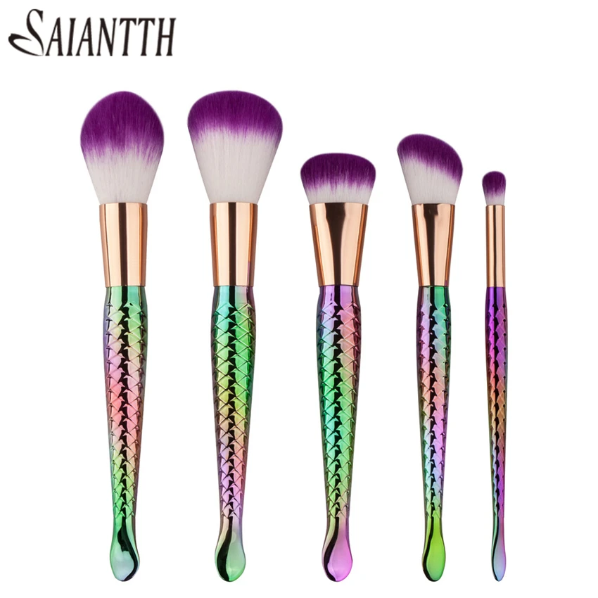 SAIANTTH 5pcs Colorful Mermaid makeup Brushes Set Beauty Tools Make up Fish Type Powder Brush maquiagem Contour Foundation kit