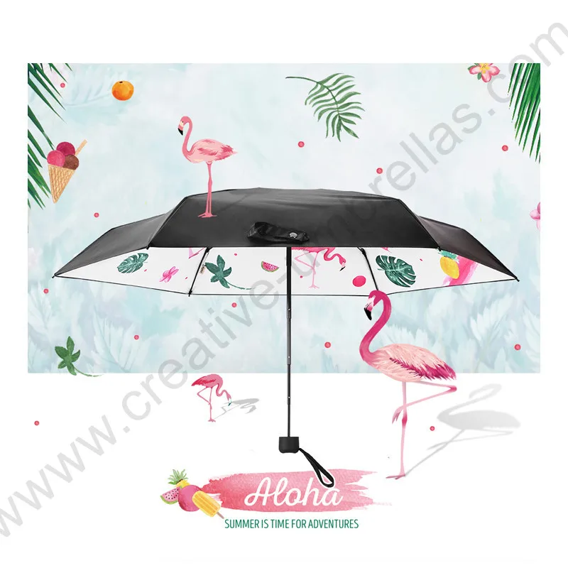 Five fold pongee 5 times black coating anti-uv >50+flamingo pocket umbrella alloy fiberglass superlight compact bird parasol