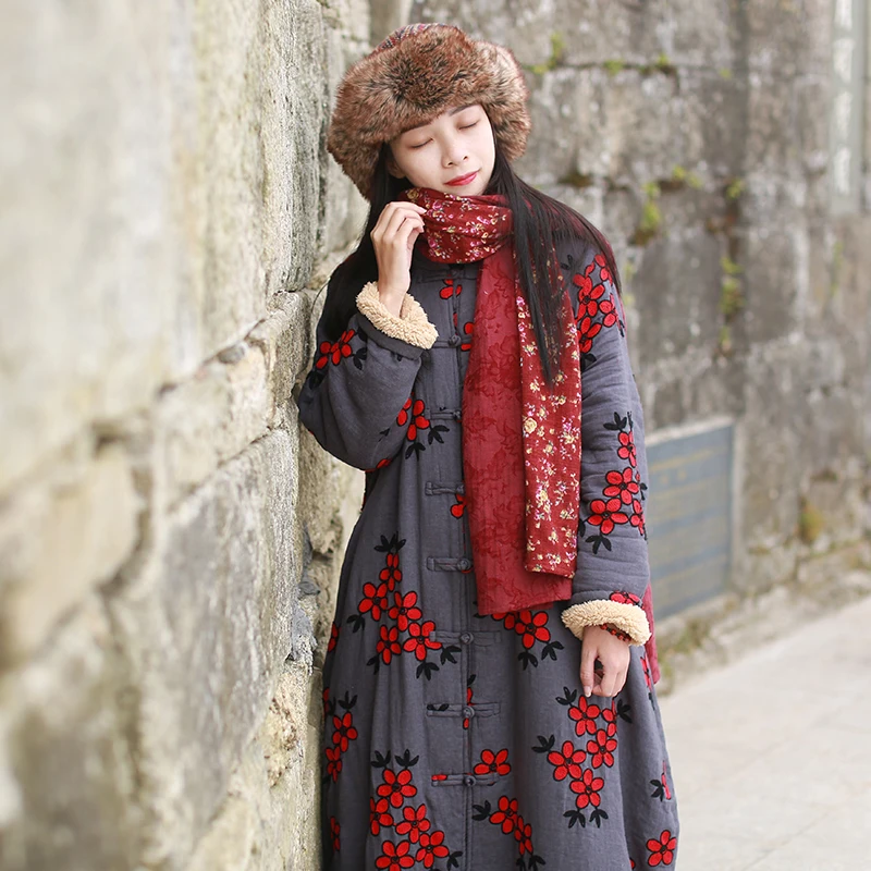 LZJN Women\'s Chinese-Style Floral Embroidered Trench Coat, Maxi Loose Overcoat, Windproof Fleece Jacket, for Autumn and Winter