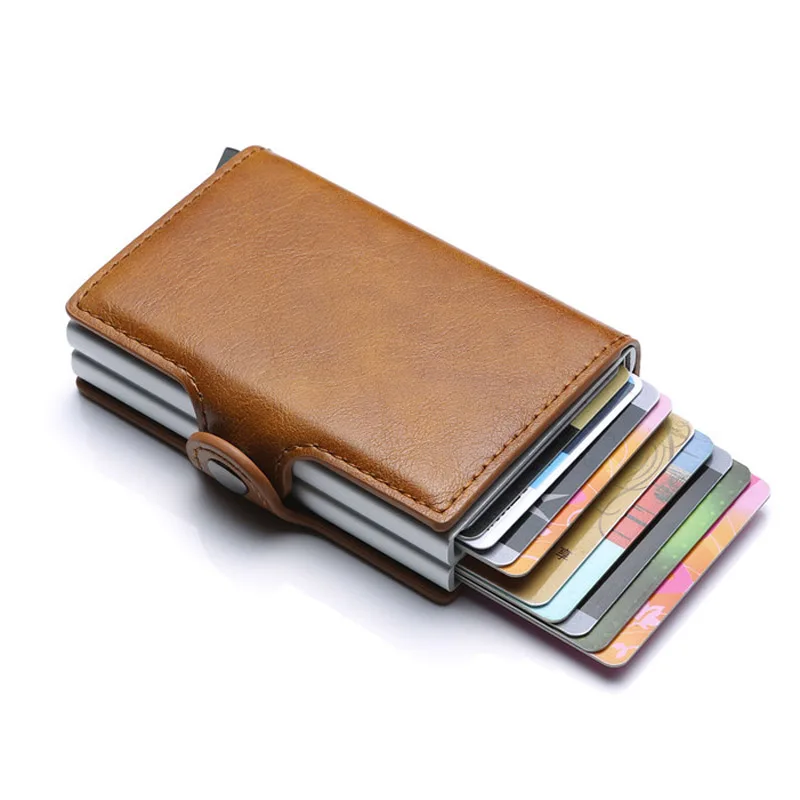 Europe Designer RFID Protection Men\'s Leather Credit Card Holder Double Aluminum Bank Card Protector Case ID Wallet For Man