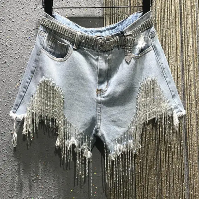 Rhinestone tassel high waist a-line denim shorts women summer new heavy industry fashion wide leg jeans shorts