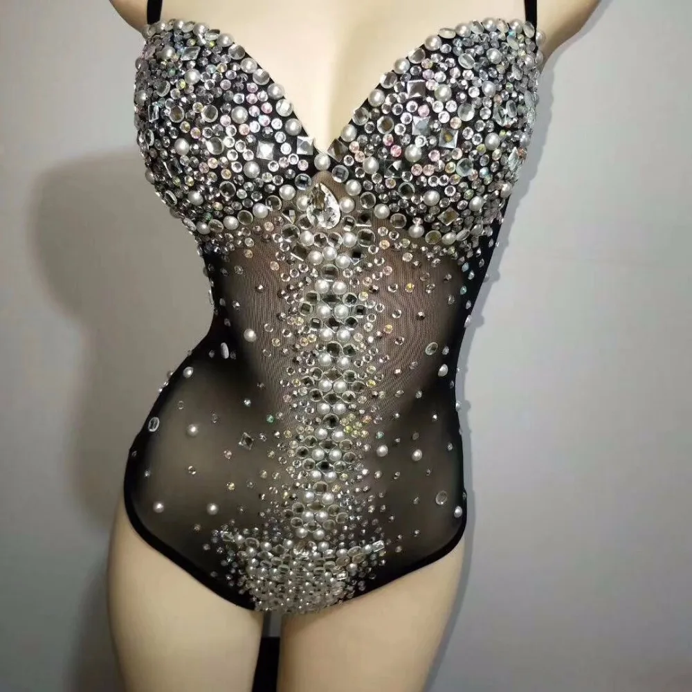 ไนท์คลับเซ็กซี่ Stage สีดำ Nude Sparkly Rhinestones Bodysuit ดูผ่าน Leotard บาร์ DJ นักร้องทีมแจ๊สเต้นรำเวทีสวมใส่