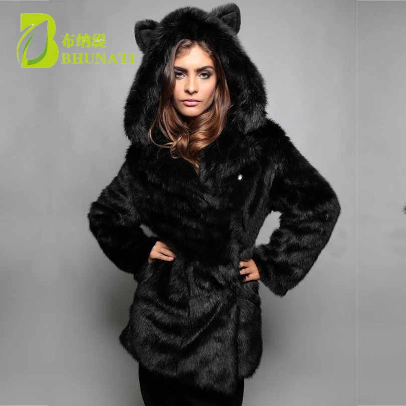 Women\'s Winter Jacket Long Thick Warm Fur Coat  Cute Animal Ear Hooded Overcoat Female Black Lady Elegant Faux Fur Coats