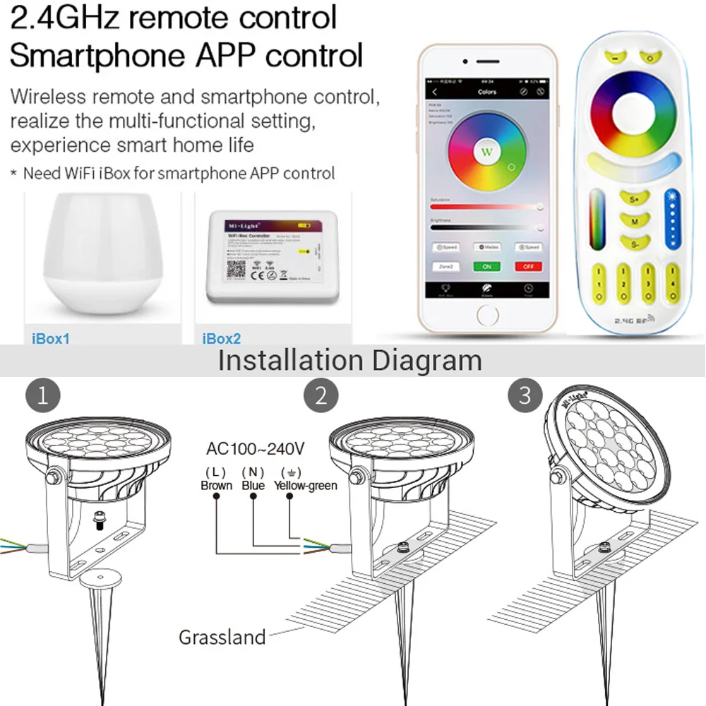 NEW smart 15W RGB+CCT LED Garden Lamp outdoor Spot light waterproof smart Lawn light110V 220V can remote or Mobile phone control