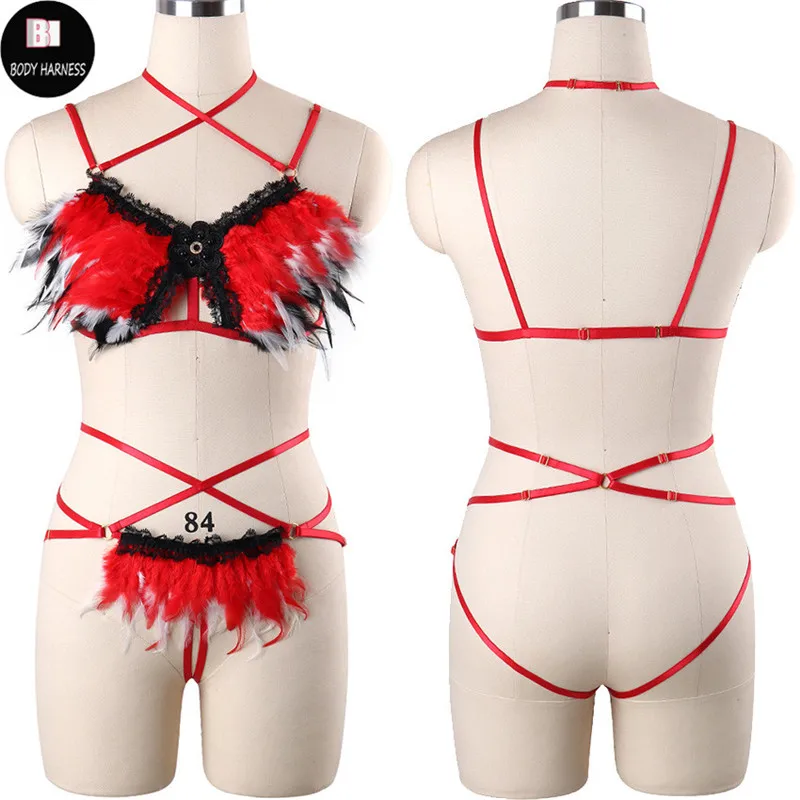 

Pole Dance Red Feather Body Harness Set Lace Crop Top Harness Bra And Feather Bottom G-string Sexy Lingerie Bondage Suit