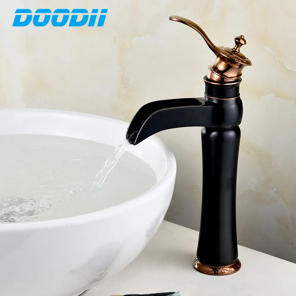 Torneira Black Waterfall Single Handle Bathroom Basin Faucets Cold Hot Mixer Basin Sink Lead-free Tap