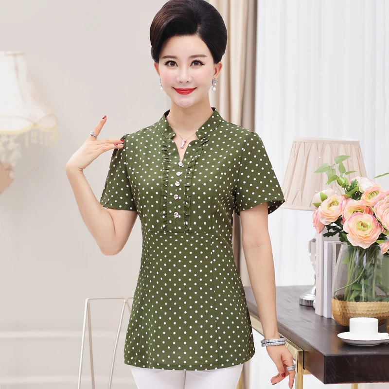 Summer Elegant Polka Dot Printed Women T shirt Tops 5XL 3XL 4XL Mother Clothes Female Short Sleeve Buttons V-Neck Casual Tee