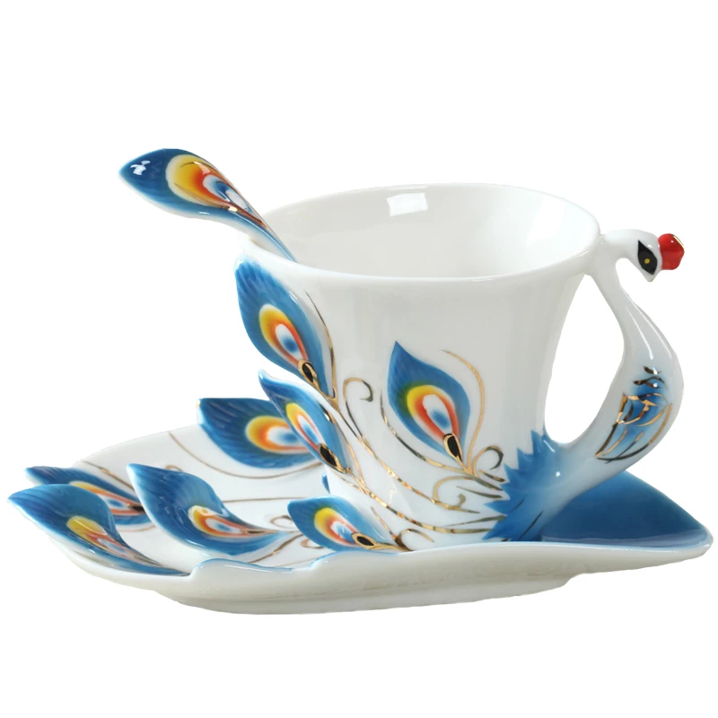 1 Pcs Peacock Coffee Cup Ceramic Creative Mugs Bone China 3D Color Enamel Porcelain Cup with Saucer and Spoon Coffee Tea Sets