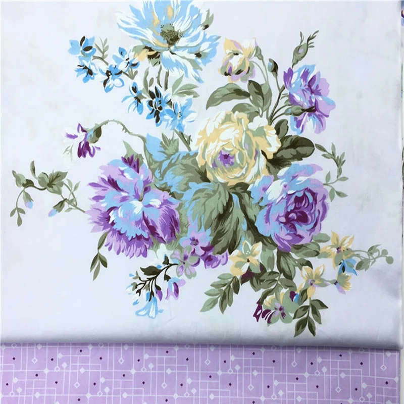 50x160cm Royal Purple Huge Rose Flowers & Purple Abstract Check Printed Cotton Fabric Floral Fabric For DIY Sewing Decoration