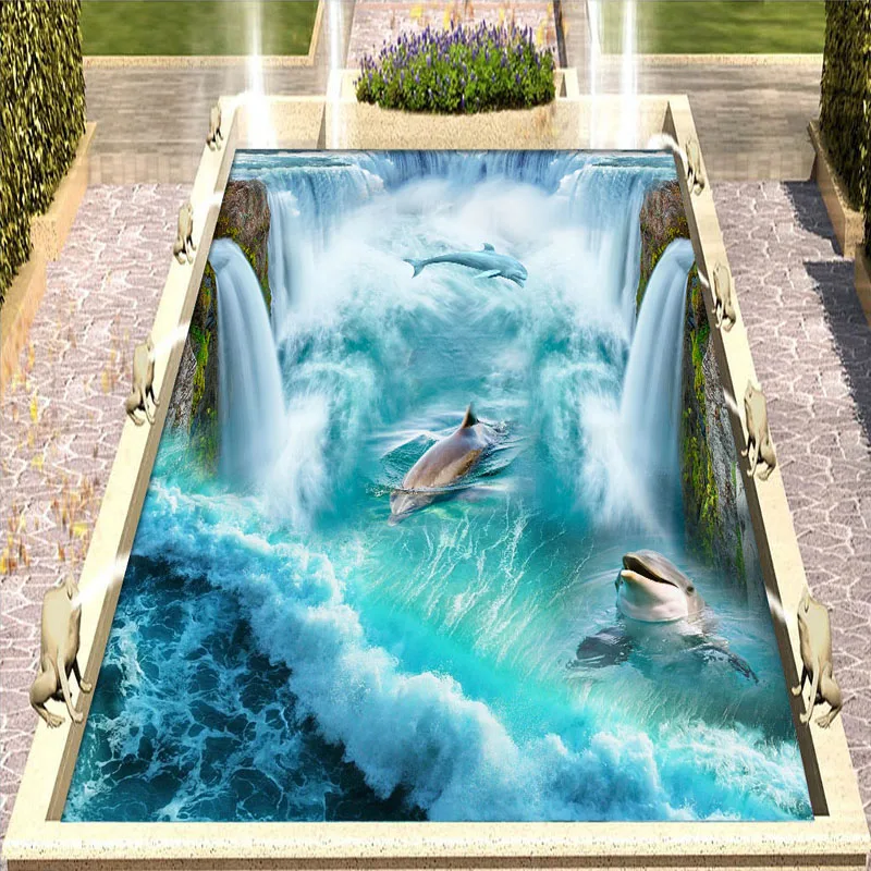 Dolphin Sea Water Waterfall 3D Floor Mural Wallpaper Bathroom PVC Waterproof Thickened Vinyl Wall Papers Home Decor Living Room