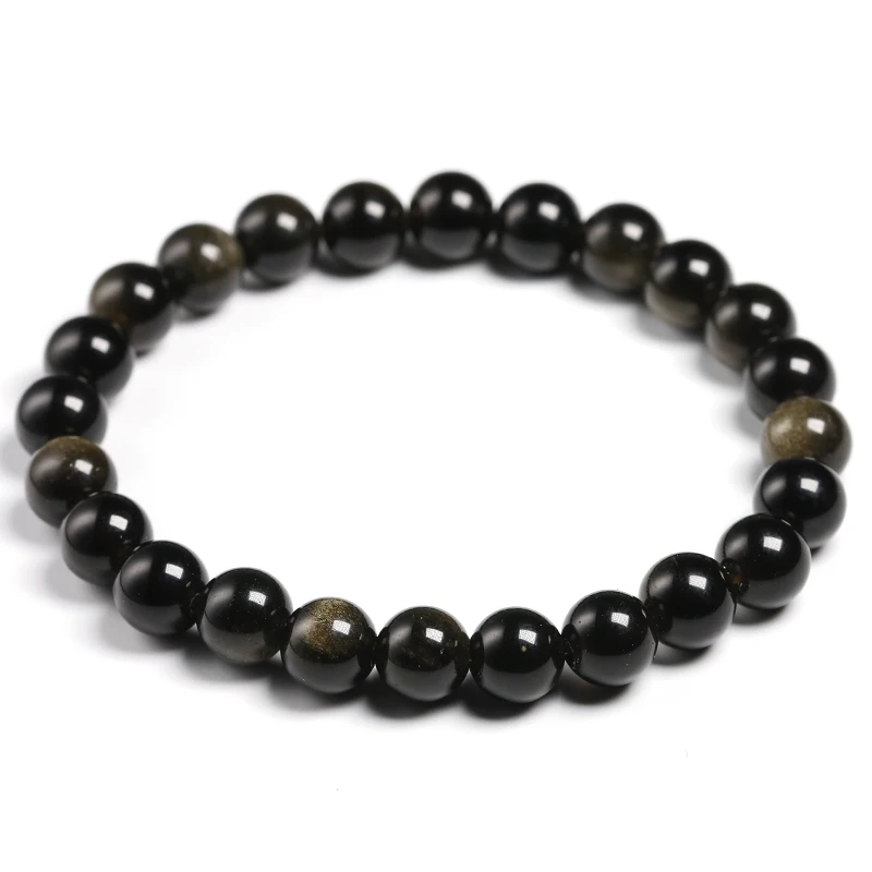 Bracelets en obsidienne véritable or noir pour femmes et hommes, extensibles, puissants, 6 8 10 12mm, perles rondes en pierres précieuses, pierre naturelle, cadeau