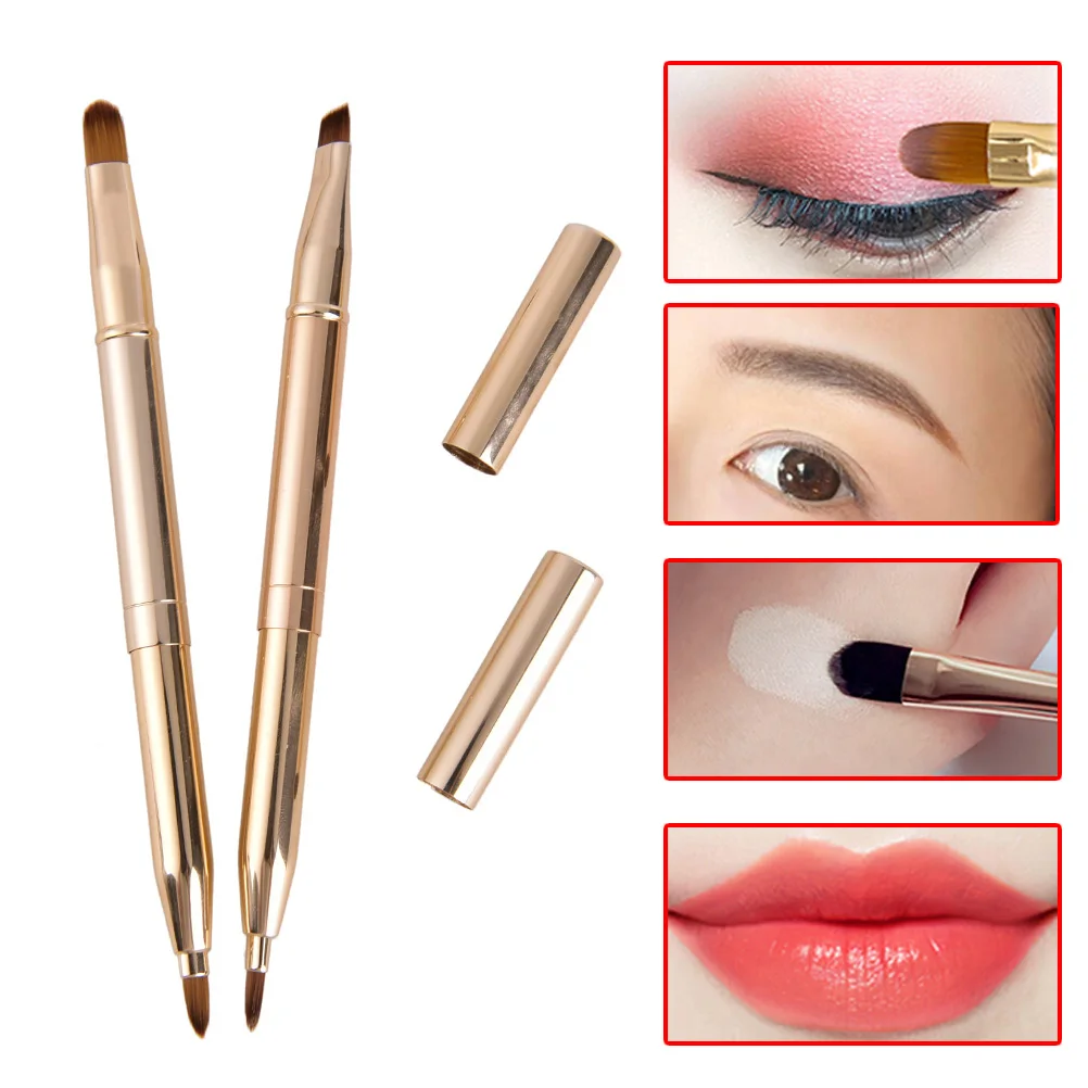 Brocha retráctil de doble punta para maquillaje, delineador de ojos, sombra de ojos, base, herramienta cosmética dorada
