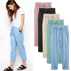 Pantalones de lino de algodón para mujer, Pantalón elástico de cintura alta hasta el tobillo, informal, suelto, Primavera