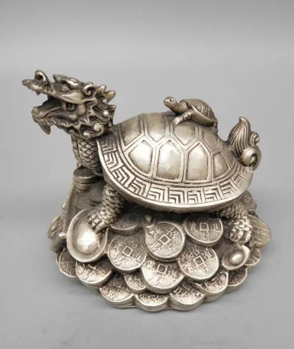 

Chinese Archaic white copper dragon turtle lucky wealth statue